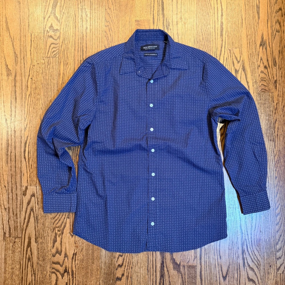 Nick Graham Stretch Modern Fit‎ Button Down Shirt Large Navy Blue Micro Print